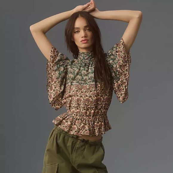 Anthropologie Let Me Be High-Neck Printed Peasant Blouse NWT - Picture 2 of 10